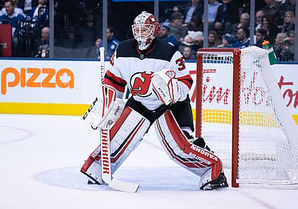 Jan 14, 2020; Toronto, Ontario, CAN; New Jersey Devils goaltender Cory Schneider (35) follows the play during the second period against the Toronto Maple Leafs at Scotiabank Arena. Mandatory Credit: Nick Turchiaro-USA TODAY Sports
