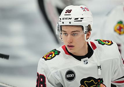 Oct 16, 2023; Toronto, Ontario, CAN; Chicago Blackhawks center Connor Bedard (98) during the warmup before a game against the Toronto Maple Leafs at Scotiabank Arena. Mandatory Credit: Nick Turchiaro-USA TODAY Sports