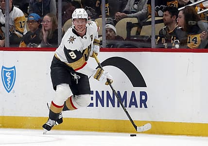 Nov 19, 2023; Pittsburgh, Pennsylvania, USA;  Vegas Golden Knights center Jack Eichel (9) moves the puck against the Pittsburgh Penguins during the first period at PPG Paints Arena. Mandatory Credit: Charles LeClaire-USA TODAY Sports