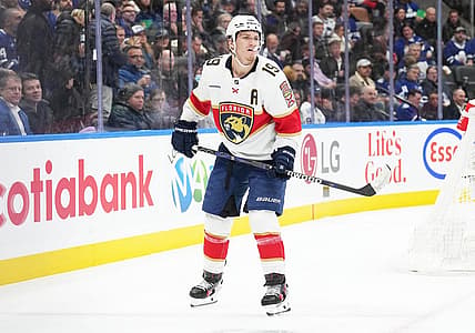 Nov 28, 2023; Toronto, Ontario, CAN; Florida Panthers left wing Matthew Tkachuk (19) follows the play against the Toronto Maple Leafs during the second period at Scotiabank Arena. Mandatory Credit: Nick Turchiaro-USA TODAY Sports