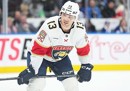 Nov 28, 2023; Toronto, Ontario, CAN; Florida Panthers center Sam Reinhart (13) gets ready for a faceoff against the Toronto Maple Leafs during the second period at Scotiabank Arena. Mandatory Credit: Nick Turchiaro-USA TODAY Sports