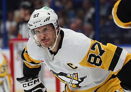Dec 6, 2023; Tampa, Florida, USA; Pittsburgh Penguins center Sidney Crosby (87) looks on against the Tampa Bay Lightning during the third period at Amalie Arena. Mandatory Credit: Kim Klement Neitzel-USA TODAY Sports