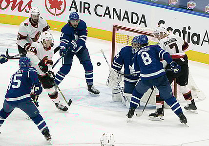 Feb 15, 2021; Toronto, Ontario, CAN; Ottawa Senators right wing Evgenii Dadonov (63) scores a goal against the Toronto Maple Leafs during the third period at Scotiabank Arena. Mandatory Credit: Nick Turchiaro-USA TODAY Sports