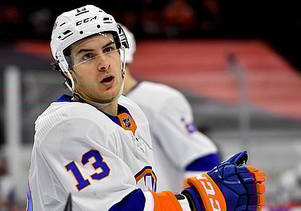 Mar 22, 2021; Philadelphia, Pennsylvania, USA; New York Islanders center Mathew Barzal (13) against the Philadelphia Flyers at Wells Fargo Center. Mandatory Credit: Eric Hartline-USA TODAY Sports
