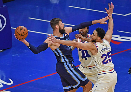 Apr 4, 2021; Philadelphia, Pennsylvania, USA;  Memphis Grizzlies center Jonas Valanciunas (17) is defended by Philadelphia 76ers forward Mike Scott (1) and guard Ben Simmons (25)  during the first quarter at Wells Fargo Center. Mandatory Credit: Eric Hartline-USA TODAY Sports