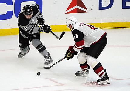 Apr 24, 2021; Los Angeles, California, USA; Arizona Coyotes defenseman Ilya Lyubushkin (46) blocks a shot against Los Angeles Kings defenseman Drew Doughty (8) during the second period at Staples Center. Mandatory Credit: Gary A. Vasquez-USA TODAY Sports