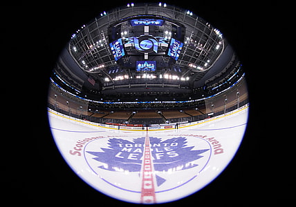 Feb 6, 2019; Toronto, Ontario, CAN; A general view of the arena and the team logo at center ice before the start of the Toronto Maple Leafs game against the Ottawa Senators at Scotiabank Arena. Mandatory Credit: Tom Szczerbowski-USA TODAY Sports