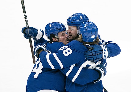 May 22, 2021; Toronto, Ontario, CAN; Toronto Maple Leafs center William Nylander (88) celebrates with center Auston Matthews (34) after scoring a goal against the Montreal Canadaiens during the third period in game two of the first round of the 2021 Stanley Cup Playoff at Scotiabank Arena. Mandatory Credit: Nick Turchiaro-USA TODAY Sports
