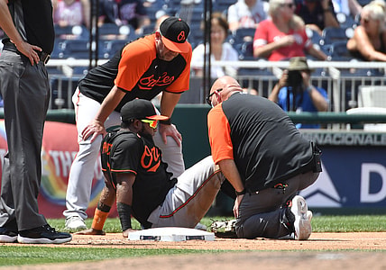 May 23, 2021; Washington, District of Columbia, USA; Baltimore Orioles third baseman Maikel Franco (3) has his leg looked at by the trainer against the Washington Nationals during the third inning at Nationals Park. Mandatory Credit: Brad Mills-USA TODAY Sports