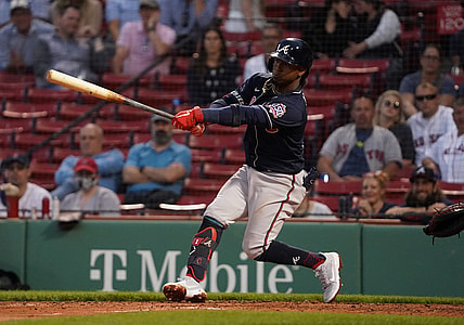 May 25, 2021; Boston, Massachusetts, USA; Atlanta Braves second baseman Ozzie Albies (1) hits a fielders choice RBI against the Boston Red Sox during the third inning at Fenway Park. Mandatory Credit: David Butler II-USA TODAY Sports