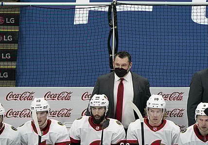 Apr 10, 2021; Toronto, Ontario, CAN; Ottawa Senators head coach D.J. Smith looks on during the third period against the Toronto Maple Leafs at Scotiabank Arena. Mandatory Credit: Nick Turchiaro-USA TODAY Sports