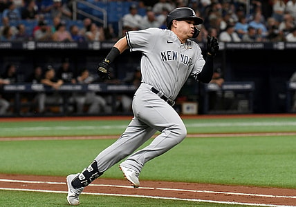 Jul 27, 2021; St. Petersburg, Florida, USA; New York Yankees third baseman Gio Urshela (29) hits a double against the Tampa Bay Rays in the second inning at Tropicana Field. Mandatory Credit: Jonathan Dyer-USA TODAY Sports