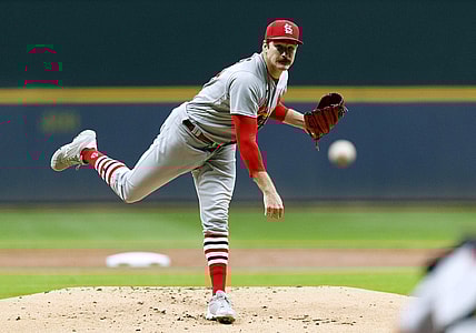 Sep 22, 2021; Milwaukee, Wisconsin, USA;  St. Louis Cardinals pitcher Miles Mikolas (39) throws against the Milwaukee Brewers during the first inning at American Family Field. Mandatory Credit: Jeff Hanisch-USA TODAY Sports