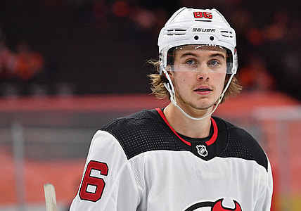 Apr 25, 2021; Philadelphia, Pennsylvania, USA;  New Jersey Devils center Jack Hughes (86) against the Philadelphia Flyers at Wells Fargo Center. Mandatory Credit: Eric Hartline-USA TODAY Sports