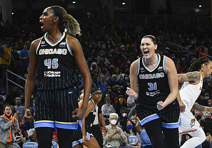 Oct 15, 2021; Chicago, Illinois, USA; Chicago Sky center/forward Astou Ndour-Fall (45) and center Stefanie Dolson (31) during the first half of game three of the 2021 WNBA Finals against the Phoenix Mercury  at Wintrust Arena. Mandatory Credit: Matt Marton-USA TODAY Sports