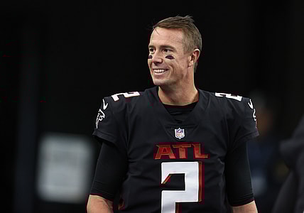 Nov 14, 2021; Arlington, Texas, USA; Atlanta Falcons quarterback Matt Ryan (2) smiles prior to the game against the Dallas Cowboys at AT&T Stadium. Mandatory Credit: Matthew Emmons-USA TODAY Sports