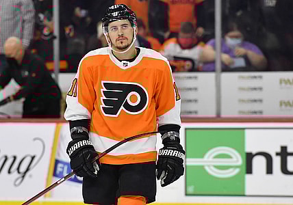 Jan 20, 2022; Philadelphia, Pennsylvania, USA; Philadelphia Flyers right wing Travis Konecny (11) reacts after loss to the Columbus Blue Jackets at Wells Fargo Center. Mandatory Credit: Eric Hartline-USA TODAY Sports