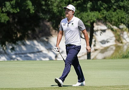 May 15, 2022; McKinney, Texas, USA; K.H. Lee  walks to the first green during the final round of the AT&T Byron Nelson golf tournament. Mandatory Credit: Raymond Carlin III-USA TODAY Sports