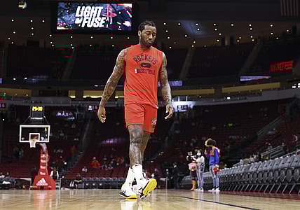 Nov 24, 2021; Houston, Texas, USA; Houston Rockets guard John Wall (1) walks on the court before the game against the Chicago Bulls at Toyota Center. Mandatory Credit: Troy Taormina-USA TODAY Sports