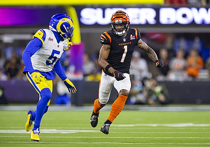 Feb 13, 2022; Inglewood, CA, USA; Los Angeles Rams cornerback Jalen Ramsey (5) defends against Cincinnati Bengals wide receiver Ja'Marr Chase (1) during Super Bowl LVI at SoFi Stadium. Mandatory Credit: Mark J. Rebilas-USA TODAY Sports