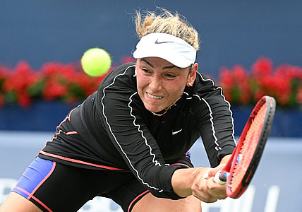 Aug 8, 2022; Toronto, ON, Canada;   Donna Vekic (CRO) plays a shot against Simona Halep (ROU) in first round play in the National Bank Open at Sobeys Stadium. Mandatory Credit: Dan Hamilton-USA TODAY Sports