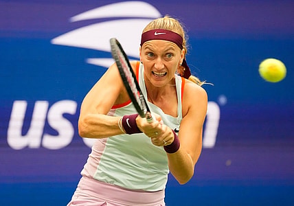 Sept 5, 2022; Flushing, NY, USA;  Petra Kvitova of the Czech Republic hits to Jessica Pegula of the USA on day eight of the 2022 U.S. Open tennis tournament at USTA Billie Jean King National Tennis Center. Mandatory Credit: Robert Deutsch-USA TODAY Sports