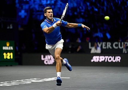 Sep 25, 2022; London, United Kingdom; Novak Djokovic (SRB) plays a shot against Felix Auger-Aliassime (CAN) in Lavers Cup singles. Mandatory Credit: Peter van den Berg-USA TODAY Sports