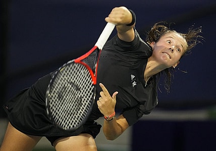 Oct 13, 2022; San Diego, California, US;  Daria Kasatkina  serves to Madison Keys of the United States during the San Diego Open at Barnes Tennis Center. Mandatory Credit: Ray Acevedo-USA TODAY Sports