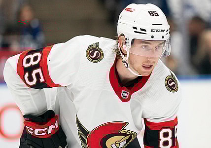 Oct 15, 2022; Toronto, Ontario, CAN; Ottawa Senators defenseman Jake Sanderson (85) waits for a faceoff against the Toronto Maple Leafs during the third period at Scotiabank Arena. Mandatory Credit: Nick Turchiaro-USA TODAY Sports