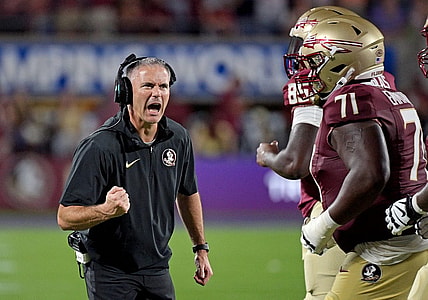 Sep 3, 2023; Orlando, Florida, USA; Florida State Seminoles head coach Mike Norvell is excited during the fourth quarter against the Louisiana State Tigers at Camping World Stadium. Mandatory Credit: Melina Myers-USA TODAY Sports