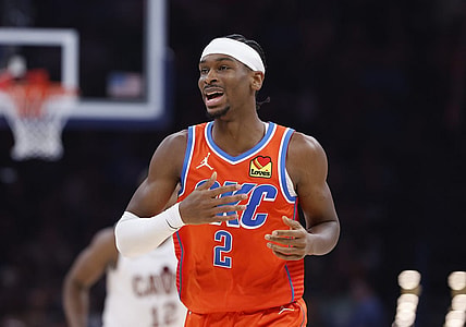 Nov 8, 2023; Oklahoma City, Oklahoma, USA; Oklahoma City Thunder guard Shai Gilgeous-Alexander (2) runs down the court against the Cleveland Cavaliers during the second quarter at Paycom Center. Mandatory Credit: Alonzo Adams-USA TODAY Sports