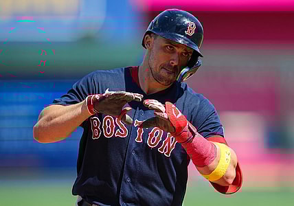 Sep 3, 2023; Kansas City, Missouri, USA; Boston Red Sox center fielder Adam Duvall (18) rounds the bases after hitting a home run during the sixth inning against the Kansas City Royals at Kauffman Stadium. Mandatory Credit: Jay Biggerstaff-USA TODAY Sports