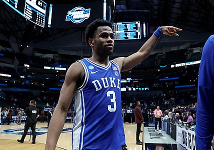 Mar 29, 2024; Dallas, TX, USA; Duke Blue Devils guard Jeremy Roach (3) celebrates after defeating the Houston Cougars in the semifinals of the South Regional of the 2024 NCAA Tournament at American Airlines Center. Mandatory Credit: Kevin Jairaj-USA TODAY Sports