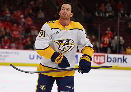 CHICAGO, IL - FEBRUARY 07: Jonathan Marchessault #81 of the Nashville Predators prior to a game against the Chicago Blackhawks on February 7, 2025 at the United Center in Chicago, Illinois. (Photo by Melissa Tamez/Icon Sportswire)