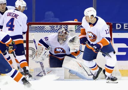 Feb 8, 2021; New York, NY, USA;  Semyon Varlamov #40 of the New York Islanders defends the net against the New York Rangers during the first period at Madison Square Garden on February 08, 2021 in New York City. Mandatory Credit: Bruce Bennett/Pool Photo-USA TODAY Sports