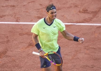 Jun 1, 2021; Paris, France; Rafael Nadal (ESP) celebrates match point during his match against Alexei Popyrin (AUS) on day three of the French Open at Roland Garros Stadium. Mandatory Credit: Susan Mullane-USA TODAY Sports