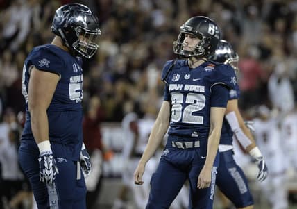 Dec 29, 2017; Tucson, AZ, USA; Utah State Aggies place kicker Dominik Eberle (62) reacts after missing a field goal during overtime in the 2017 Arizona Bowl against the New Mexico State Aggies at Arizona Stadium. Mandatory Credit: Casey Sapio-USA TODAY Sports