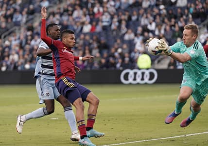 Mar 26, 2022; Kansas City, Kansas, USA; Sporting Kansas City goalkeeper Tim Melia (29) stops a shot on goal against Real Salt Lake during the first half at Children's Mercy Park. Mandatory Credit: Denny Medley-USA TODAY Sports