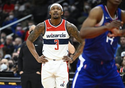 Jan 25, 2022; Washington, District of Columbia, USA; Washington Wizards guard Bradley Beal (3) reacts during the second half against the LA Clippers at Capital One Arena. Mandatory Credit: Brad Mills-USA TODAY Sports