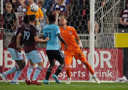 Aug 6, 2022; Commerce City, Colorado, USA; Colorado Rapids goalkeeper William Yarbrough (22) allows a goal against Minnesota United FC in the first half at Dick's Sporting Goods Park. Mandatory Credit: Ron Chenoy-USA TODAY Sports