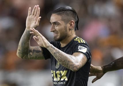 Aug 31, 2022; Houston, Texas, USA;  Los Angeles FC forward Cristian Arango (9) celebrates his goal against the Houston Dynamo FC in the first half at PNC Stadium. Mandatory Credit: Thomas Shea-USA TODAY Sports