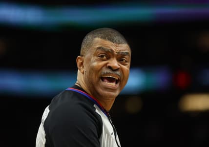 Apr 19, 2022; Phoenix, Arizona, USA; NBA referee Tony Brothers reacts during the New Orleans Pelicans against the Phoenix Suns during game two of the first round for the 2022 NBA playoffs at Footprint Center. Mandatory Credit: Mark J. Rebilas-USA TODAY Sports