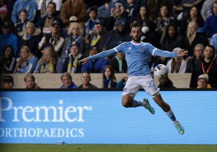 Oct 30, 2022; Philadelphia, Pennsylvania, USA; New York City forward Kevin O'Toole (22) blocks a ball against the Philadelphia Union in the second half for the conference finals for the Audi 2022 MLS Cup Playoffs. Mandatory Credit: Vincent Carchietta-USA TODAY Sports