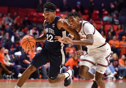 Dec 10, 2022; Champaign, Illinois, USA;  Penn State Nittany Lions guard Jalen Pickett (22) moves the ball past Illinois Fighting Illini guard Sencire Harris (1) during the second half at State Farm Center. Mandatory Credit: Ron Johnson-USA TODAY Sports