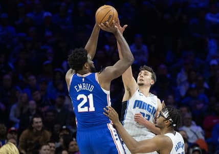 Feb 1, 2023; Philadelphia, Pennsylvania, USA; Philadelphia 76ers center Joel Embiid (21) shoots the ball over Orlando Magic forward Franz Wagner (22) during the second quarter at Wells Fargo Center. Mandatory Credit: Bill Streicher-USA TODAY Sports