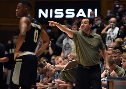 Nov 12, 2021; Durham, North Carolina, USA; Army Black Knights head coach Jimmy Allen (right) directs his team during the first half against the Duke Blue Devils at Cameron Indoor Stadium. Mandatory Credit: Rob Kinnan-USA TODAY Sports