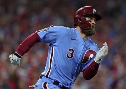 Nov 3, 2022; Philadelphia, Pennsylvania, USA; Philadelphia Phillies designated hitter Bryce Harper (3) runs to second base after hitting a double against the Houston Astros during the fifth inning in game five of the 2022 World Series at Citizens Bank Park. Mandatory Credit: Bill Streicher-USA TODAY Sports