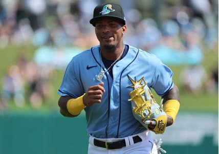Feb 28, 2023; Kissimmee, Florida, USA; Tampa Bay Rays shortstop Wander Franco (5) looks on against the New York Yankees at The Stadium at the ESPN Wide World of Sports. Mandatory Credit: Kim Klement-USA TODAY Sports