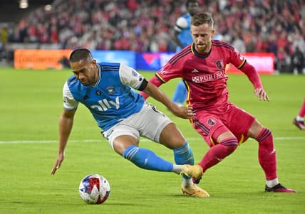 Mar 4, 2023; St. Louis, Missouri, USA;  Charlotte FC defender Bill Tuiloma (6) and St. Louis City SC forward Rasmus Alm (21) battle for the ball during the second half at CITYPARK. Mandatory Credit: Jeff Curry-USA TODAY Sports