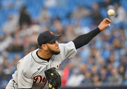 Apr 12, 2023; Toronto, Ontario, CAN;   Detroit Tigers starting pitcher Eduardo Rodriguez (57) delivers a pitch against the Toronto Blue Jays in the first inning at Rogers Centre. Mandatory Credit: Dan Hamilton-USA TODAY Sports